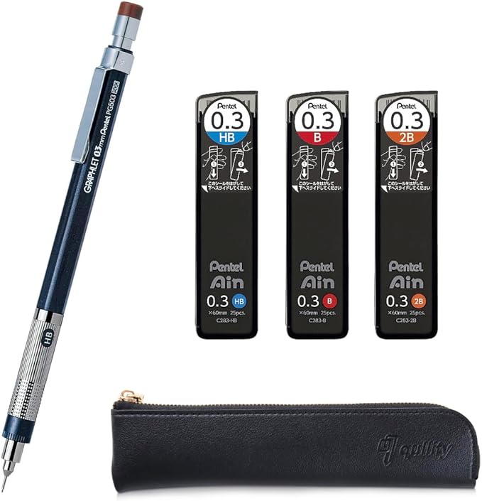 Graphlet Mechanical Drafting Pencil + Ain HB/B/2B leads, original Black slim pen case (0.3mm)-DeskLoop Office