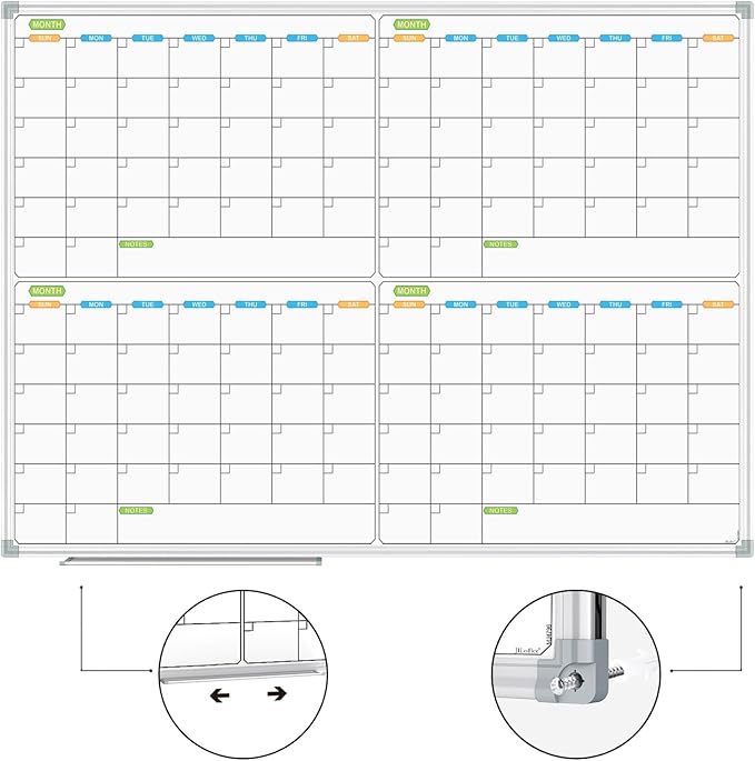 JILoffice Magnetic Dry Erase Calendar Whiteboard, 4 Month White Board Planner 48 X 36 Inch, Silver Aluminum Frame Wall Mounted Board for Office Home and School-DeskLoop Office