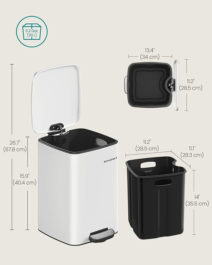 SONGMICS Kitchen Trash Can, 5.2-Gallon (20 L) Trash Bin, Stainless Steel Garbage Can, with Inner Bucket, Soft Close and Stays Open, Cloud White ULTB592W01-DeskLoop Office