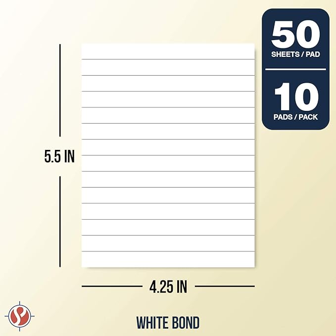 Memo Pads, White, With Black Lines – Lined Paper Notepads, Scratch / Writing Pad for Planning, To-Do Lists, Appointments, Reminders, Home, Office – 50 Sheets Per Pad, 10 Pads per Pack – 4.25" x 5.5"-DeskLoop Office