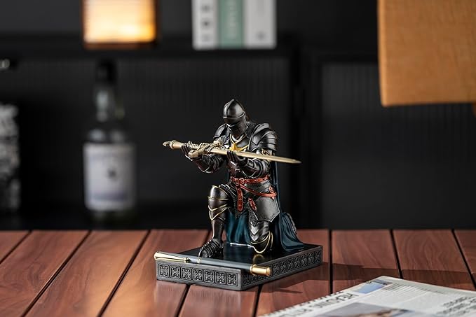 Medieval Armored Warrior Wearing Outerwear, Mobile Phone Stand Knight Pen Holder Desk Organizers, Resin Bookends Paperweight with a Letter Opener for Desk (Iron&Green)-DeskLoop Office