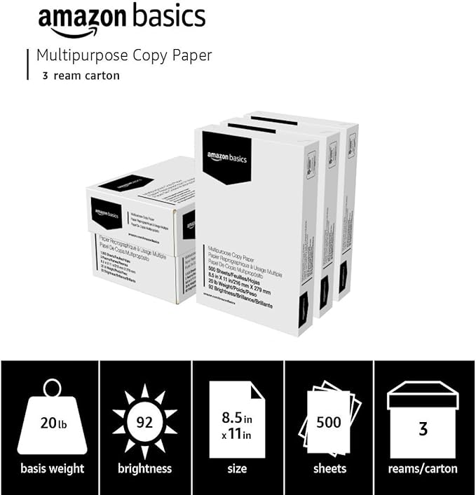 Amazon Basics Multipurpose Copy Printer Paper, 20 lb, 8.5 x 11 Inches, 3 Reams (1,500 Sheets), 92 Bright, White-DeskLoop Office