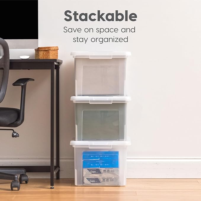 IRIS USA File Box, Plastic File Organizer with Lids for Letter/Legal File, Portable Document Box For Moving, Storage Bin with Durable and Secure Lid, Stackable Nestable BPA-Free, Clear 35 Qt. 4 Pack-DeskLoop Office