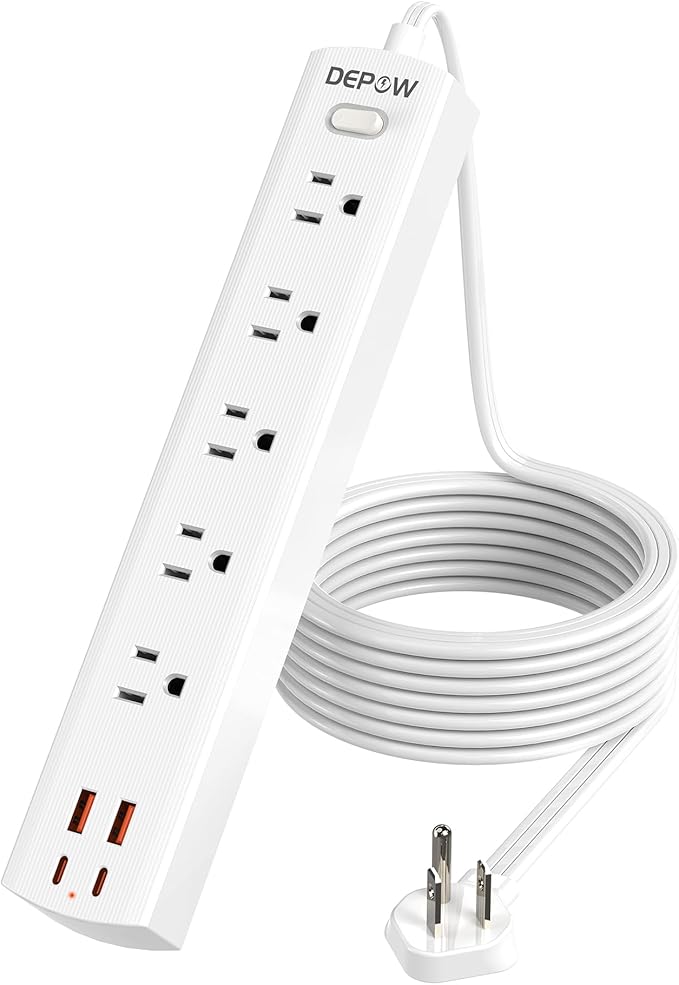 10 Ft Ultra Thin Extension Cord, 5-Outlet Power Strip Surge Protector with 4 USB Ports (2 USB C), 1875W/15A, Low Profile Flat Plug, 1700 Joules, Wall Mount for Home Office, White-DeskLoop Office