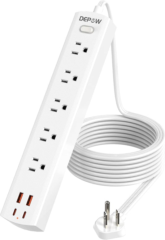 10 Ft Ultra Thin Extension Cord, 5-Outlet Power Strip Surge Protector with 4 USB Ports (2 USB C), 1875W/15A, Low Profile Flat Plug, 1700 Joules, Wall Mount for Home Office, White-DeskLoop Office