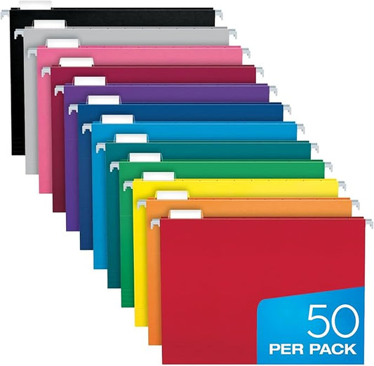 Pendaflex Colored Hanging File Folders Letter Size with 1/5 Cut Adjustable Tabs, 8.5 X 11-50 Pack of 12 Assorted Colors-DeskLoop Office