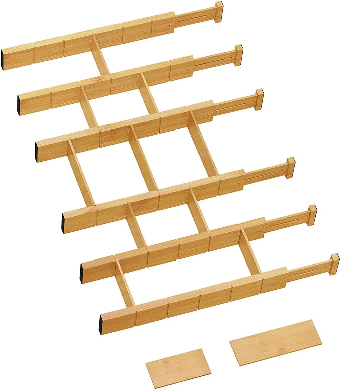 6 Pack Bamboo Drawer Dividers with 12 Inserts, Expandable Adjustable Clothes Drawer Organizers and Storage from 17" to 22" for Kitchen, Bedroom, Dresser, Cosmetics (Natural)-DeskLoop Office