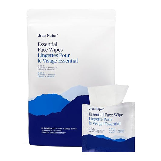 Ursa Major Essential Face Wipes | Natural, Biodegradable, Cruelty-Free | Cleanse, Exfoliate, Soothe and Hydrate | Individually Wrapped | 20 Count-DeskLoop Office