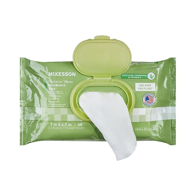 McKesson Flushable* Adult Wet Wipes – 576 Wipes (12 Pack of 48) – Aloe & Vitamin E, Plant-Based Cleansing Wipes, Unscented-DeskLoop Office