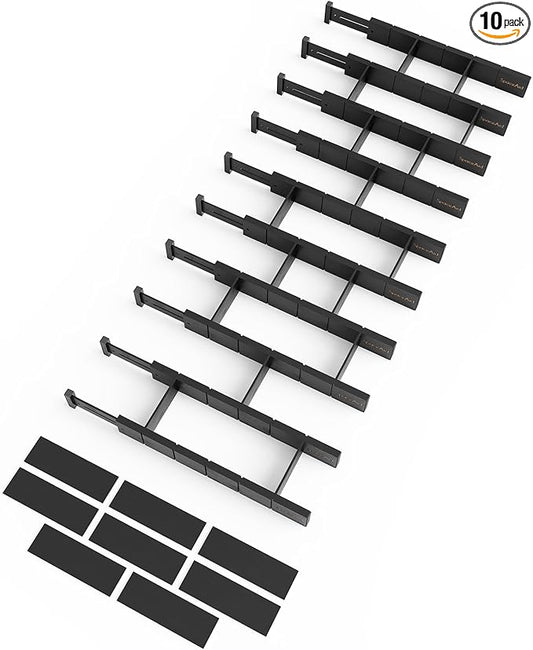 SpaceAid Bamboo Drawer Dividers with Inserts and Labels, Kitchen Adjustable Drawer Organizers, Expandable Organization for Home, Office, Dressers, 10 Dividers with 24 Inserts (17"-22" Black)-DeskLoop Office