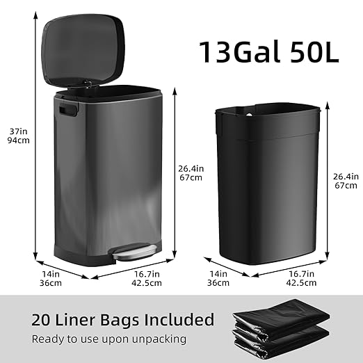 KUK 13 Gallon Kitchen Trash Can with Lid, 50L/13Gal Office Step Garbage Can for Home, Kitchen, Laundry Room, Office, Brushed Stainless Steel, Titanium Black-DeskLoop Office