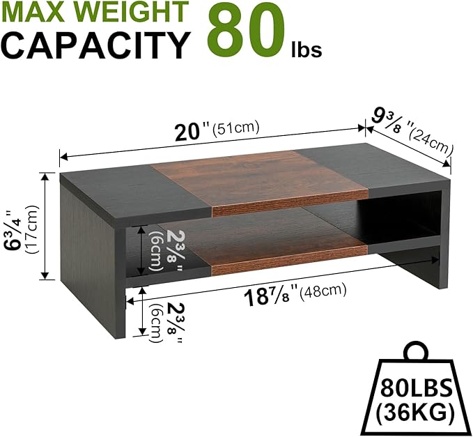 TEAMIX 2 Tiers Desktop Monitor Stand Riser 20 Inch Printer Stand with Storage Small TV Riser Laptop Wooden Desk Organizer Shelf Bookshelf (Black+Brown, 2 tiers)-DeskLoop Office