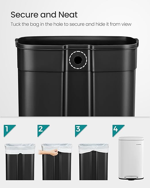 SONGMICS 13 Gallon (50 L) Trash Can, Stainless Steel Kitchen Garbage Can, Recycling or Waste Bin, Soft Close, Step-On Pedal, Removable Inner Bucket, White ULTB050W01-DeskLoop Office