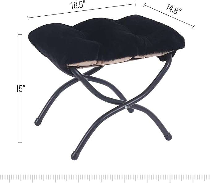 LITA Folding Upholstered Footrest Stool, Modern Small Portable Accent Ottoman with Detachable Thick Cotton Cushion Padded Sofa Stool with Metal Frame for Lazy Chair, Living Room & Bedroom, Plush Black-DeskLoop Office
