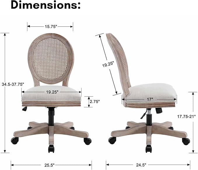 LukeAlon Rattan Back Linen Office Chair, Adjustable Height Swivel Task Chair with Wood Frame Armless Desk Chair with Wheels Upholstered Round Back Vanity Chair for Home Office Study Room, Beige-DeskLoop Office
