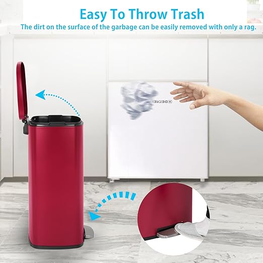 PayLessHere Stainless Steel Trash Can with Lid - Removable Inner Bucket, Foot Pedal, Soft Close for Office, Home, Kitchen (Red, 13 G)-DeskLoop Office