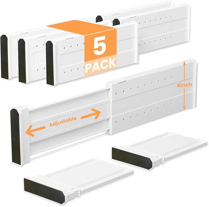 REBECAT 5 Pack Drawer Dividers for Clothes Adjustable Drawer Dividers 4" High Expandable from 11"-17" for Dresser Baby Clothes Bathroom Bedroom Kitchen and Office Storage,White-DeskLoop Office