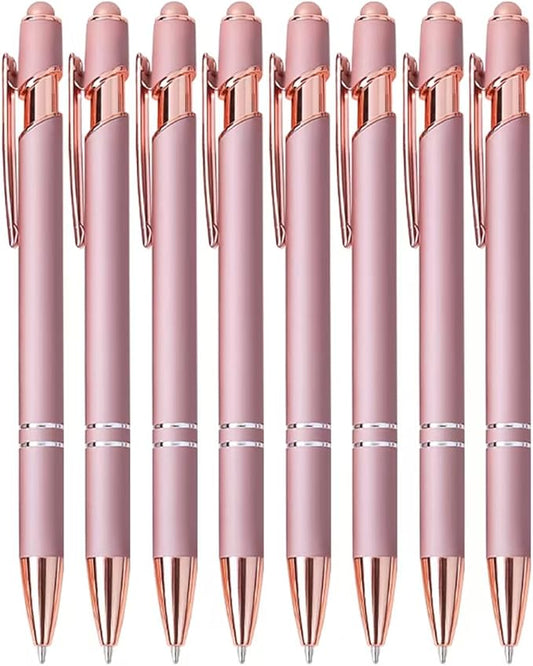 8 Pack Rose Ballpoint Pen with Stylus Tip, Metal Stylus Pens for Touch Screens, 1.0 mm Black Ink-DeskLoop Office