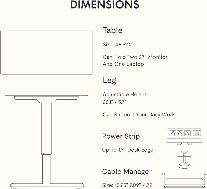 FLEXISPOT EN2 Whole-Piece Standing Desk with Clamp Power Strip, 48x24 Electric Stand Up Height Adjustable Desk with Cable Management (White Frame + 48" White Top)-DeskLoop Office