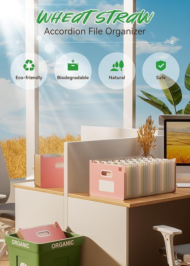 Accordion File Organizer, 26 Pockets Wheat Straw Expanding File Folders, Upright&Open Top, A-Z Bill Receipt Organizer, 100% BPA Free, Return to Nature, Healthy Living, Letter/A4 Size-2 Packs-DeskLoop Office