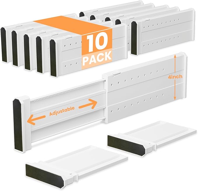 REBECAT 10 Pack Drawer Dividers for Clothes Adjustable Drawer Dividers 4" High Expandable from 11"-17" for Dresser Baby Clothes Bathroom Bedroom Kitchen and Office Storage,White-DeskLoop Office