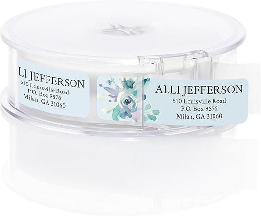 Blue Watercolor Floral Rolled Address Labels / 250 Personalized Return Address Labels/Designer Address Stickers in Elegant Plastic Dispenser-DeskLoop Office