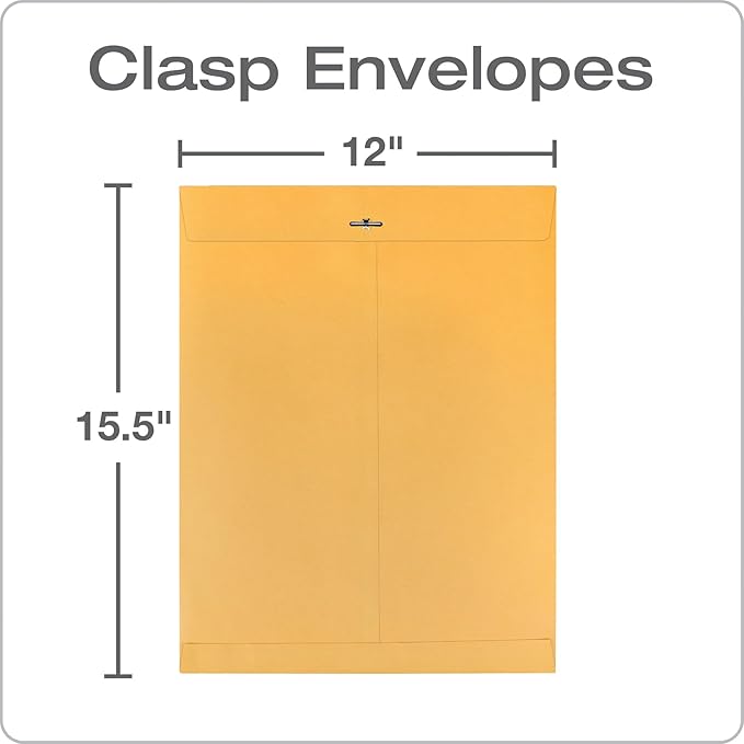 Quality Park 12 x 15-1/2 Clasp Envelopes, Clasp and Gummed Closures, for Oversized Papers, Drawings or Posters, 32 lb Kraft Paper, 100/Box (QUA37810)-DeskLoop Office