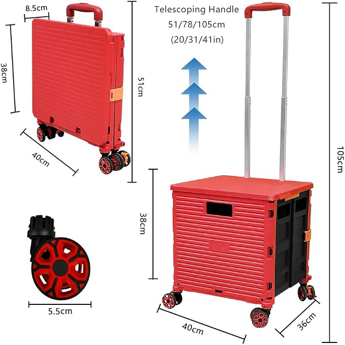 FELICON SELORSS Foldable Utility Cart Folding Portable Rolling Crate-Red | - Image 7