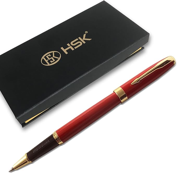 HSK Ballpoint Pens Executive Fountain Pen with Gold Trim, Gift Box Set, Available in Black, Red, Navy Blue,Black Refill Line width 0.5mm (Red)-DeskLoop Office