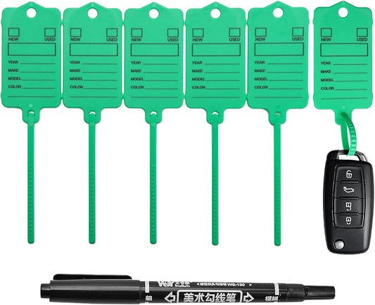 100 Car Key Tags with Labels Plastic Car Dealership Key Tags Self Locking Automotive Identifiers Blank Shop Labels with One Pen (Green)-DeskLoop Office