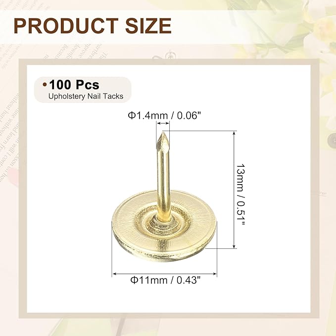 uxcell 100Pcs Upholstery Tacks, 11mmx13mm Flat Head Thumb Tack Decorative Furniture Nails Push Pins for Furniture Sofa Headboards, Gold-DeskLoop Office