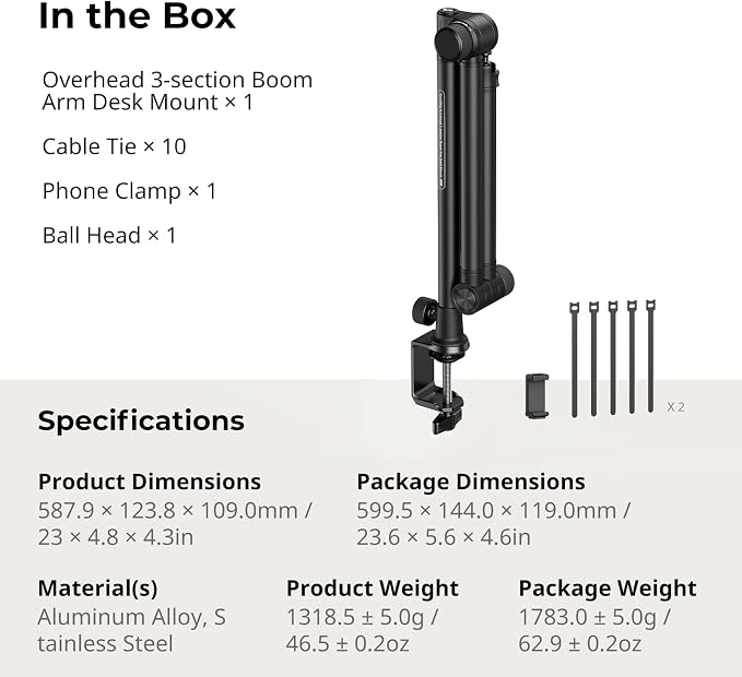 SMALLRIG Overhead 3-Section Desktop Camera Bracket, Damping Boom Arm Desk Mount - Image 8