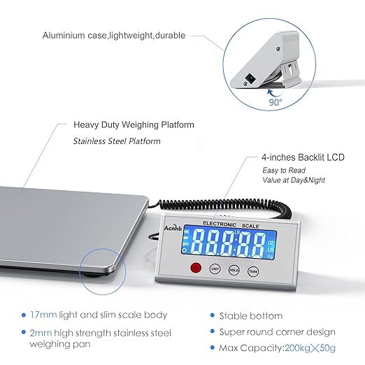 Digital Shipping Scales 440 pounds, Stainless Steel Heavy Duty Postal Scale for Warehouses, Homes, Offices, and Courier Companies, Including Product Manuals and adapters-DeskLoop Office
