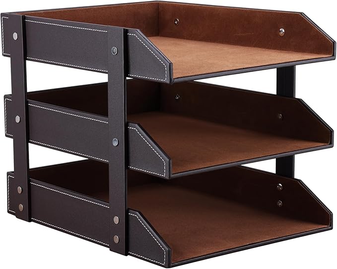 KINGFOM Letter Tray, Leather Paper Organizer Tray, Wooden Desk File Holder, Desktop File, Stackable Magazine Holder, Mail Sorter, Great for Home or Office - 3 Level Brown-DeskLoop Office