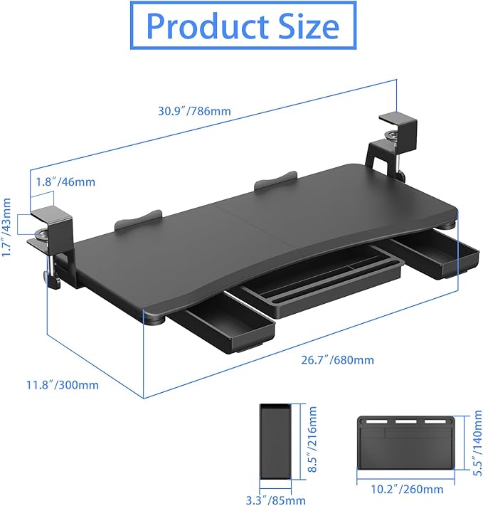 suptek Under Desk Keyboard Tray with Storage Drawer – 26.7" x 11.8" Large Workspace, Heavy-Duty C-Clamp Mount, Adjustable Height, Easy Installation – Perfect for Home Office, DSF6CT-DeskLoop Office