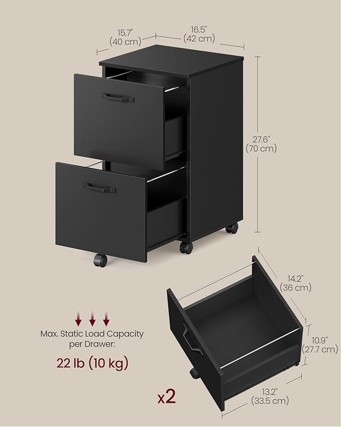 VASAGLE 2-Drawer File Cabinet, Small Rolling Filing Cabinet for Home Office, Printer Stand, for A4, Letter-Size Documents, 15.7 x 16.5 x 27.6 Inches, Matte Black UOFC040B16-DeskLoop Office