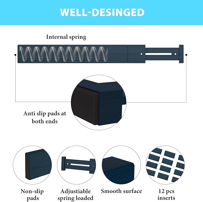 6 Pack Bamboo Drawer Dividers with 12 Inserts, Expandable Adjustable Clothes Drawer Organizers and Storage from 17" to 22" for Kitchen, Bedroom, Dresser, Cosmetics (Navy Blue)-DeskLoop Office