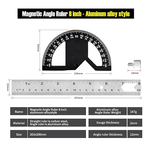 Protractor Angle Finder Stainless Steel Angle Ruler with 0-180 Degrees Adjustable Angle Square 8-Inch Woodworking Ruler for Woodworking/Carpenter/Construction/Measurement/Hobbyists-DeskLoop Office