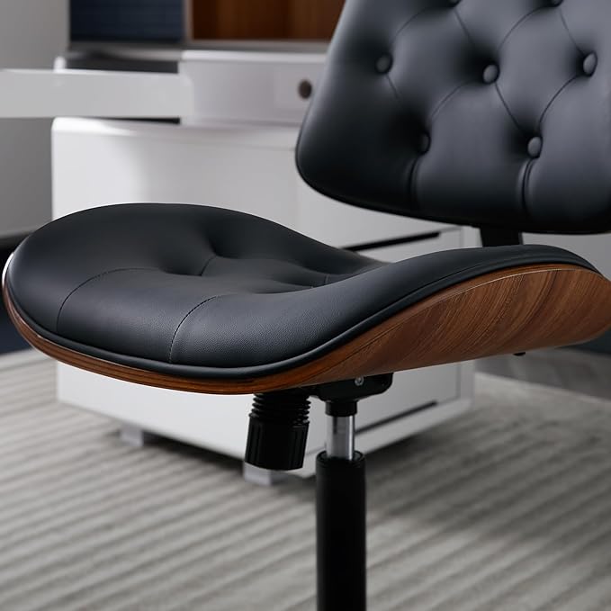 Armless Home Office Chair with Wheels, PU Leather Adjustable Height Computer Desk Chair, 360 Swivel Small No Arms Chair, Modern Button Walnut Style for Office, Reading Meeting Room(Black)-DeskLoop Office
