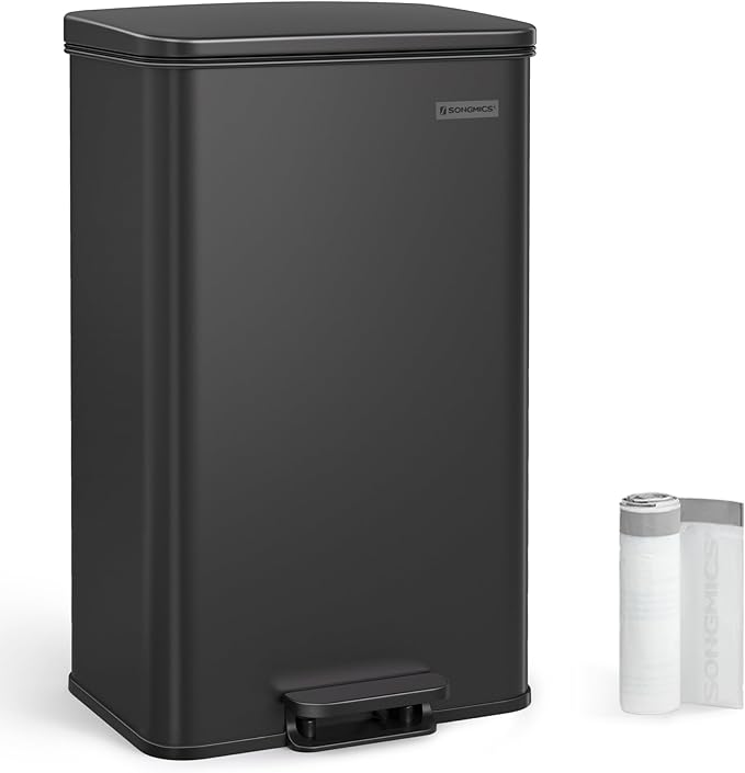 SONGMICS Kitchen Trash Can, 10.5 Gallon (40 L) Garbage Can, Large Step Trash Bin with Lid, Stainless Steel, Soft Close, 15 Trash Bags Included, Black ULTB540B40-DeskLoop Office