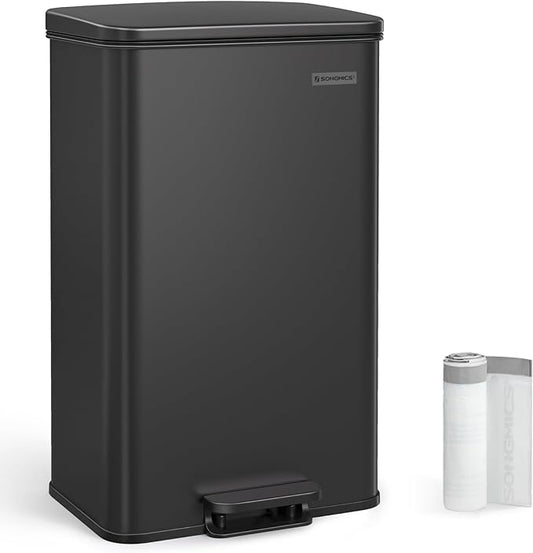 SONGMICS Kitchen Trash Can, 10.5 Gallon (40 L) Garbage Can, Large Step Trash Bin with Lid, Stainless Steel, Soft Close, 15 Trash Bags Included, Black ULTB540B40-DeskLoop Office