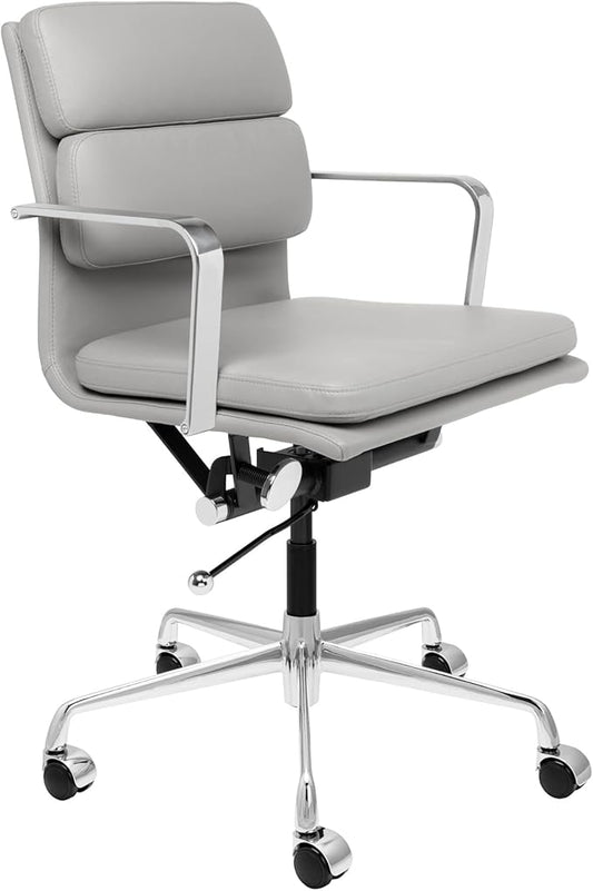 Laura Davidson Furniture SOHO II Padded Management Office Chair - Mid Back Desk Chair with Arm Rest, Swivel & Cushion Availability, Made of Faux Leather, Grey, Computer Chair-DeskLoop Office