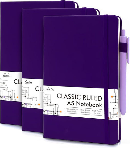 feela 3 Pack Notebooks Journals Bulk, Hardcover Notebook Classic Ruled Lined Journal Set with Pen Holder for Work Business Journaling Note Taking, with 3 Black Pens, 120 GSM, 5.1”x8.3”, A5, Purple-DeskLoop Office