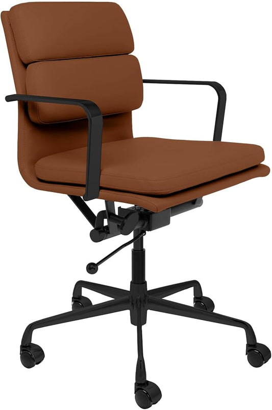 Laura Davidson Furniture SOHO II Padded Management Office Chair - Mid Back Desk Chair with Arm Rest, Swivel & Cushion Availability, Made of Faux Leather, Brown with Black Frame, Computer Chair-DeskLoop Office