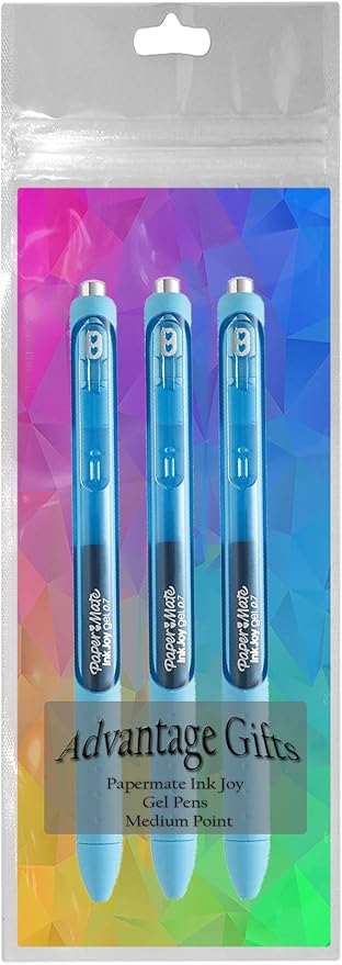 Paper Mate InkJoy Gel Pens, Bright Blue Ink, Medium Point (0.7mm), 3 Count, Bundle with Plastic Reusable Pouch-DeskLoop Office