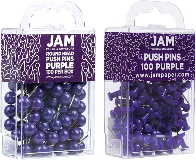 JAM PAPER Colorful Push Pins - Flat & Round Head Thumb Tack Combo Set - Purple Pushpins - 200/Pack-DeskLoop Office