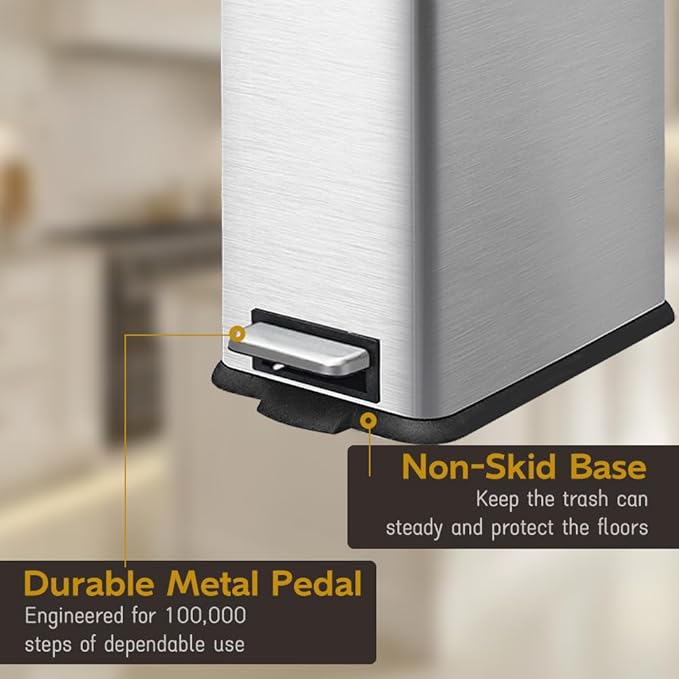 Bathroom Trash Can, 10 Liter / 2.6 Gallon Stainless Steel Garbage Can with Removable Inner Bucket, Soft Close Lid Step Trash Bin for Bedroom, Office, Kitchen, Brushed Silver-DeskLoop Office