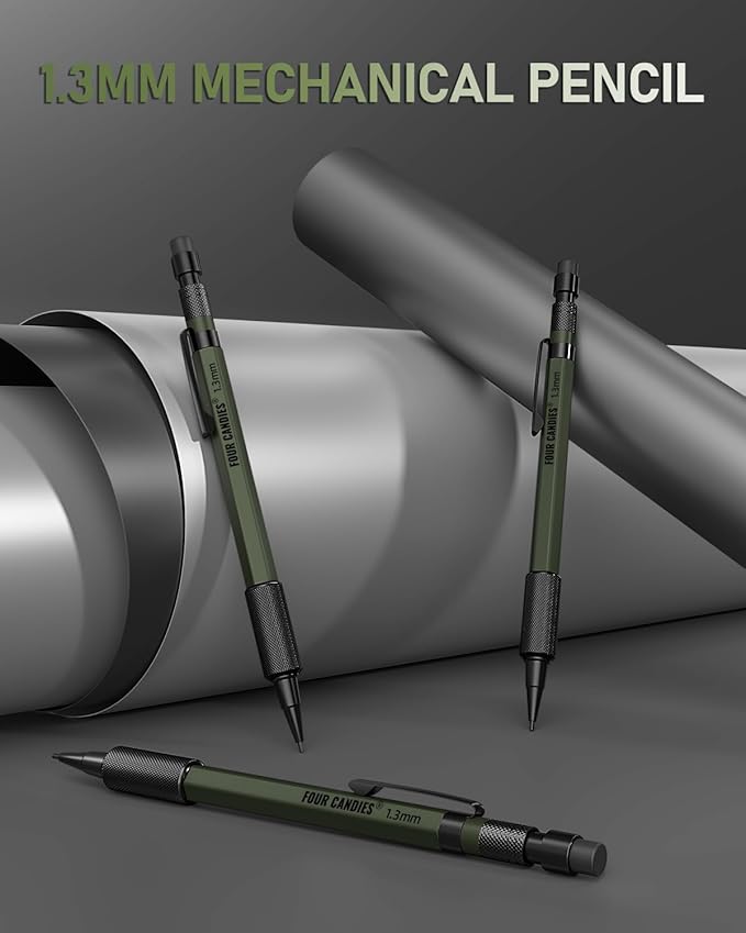 Four Candies 1.3mm Mechanical Pencil Set with 72 Lead Refill, 3PCS Metal Weatherproof Body Heavy Duty Carpenter Pencil, 3 Eraser, 16 Eraser Refill, for Outdoor Woodworking Drafting Marking with Case-DeskLoop Office