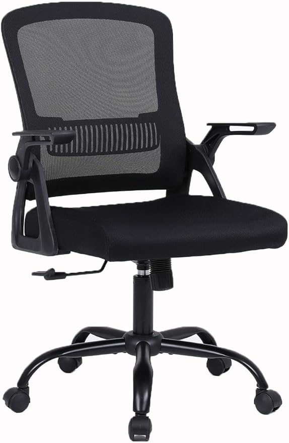 Office Chair, Ergonomic Desk Chair with Lumbar Support, Breathable Mesh Chair with Flip-up Armrests and Mid Back, Comfy Task Computer Height Adjustable Swivel Chair (1, Black)-DeskLoop Office