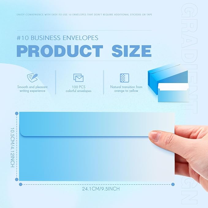 100 Pcs #10 Business Envelopes Colorful Self Adhesive Standard Envelopes Gradient for Office Check Invoices Letters Letterhead Invitations Announcements 4-1/8 x 9-1/2''(Gradient Blue)-DeskLoop Office